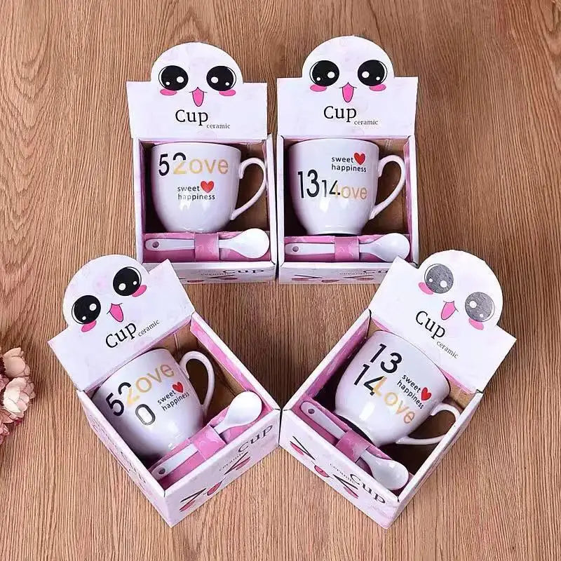 White ceramic cartoon coffee mug set with pink accents and romantic messages decorbites cartoon coffee kitchen gift