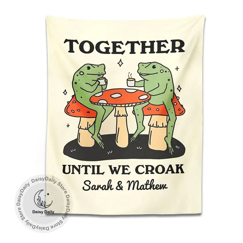 Cream-colored wall tapestry with cute cartoon frog moon design featuring two frogs on mushrooms and personalized names