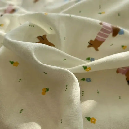 Soft cream-colored cute cartoon washed cotton bedding set with dachshund pattern and tiny colorful flowers