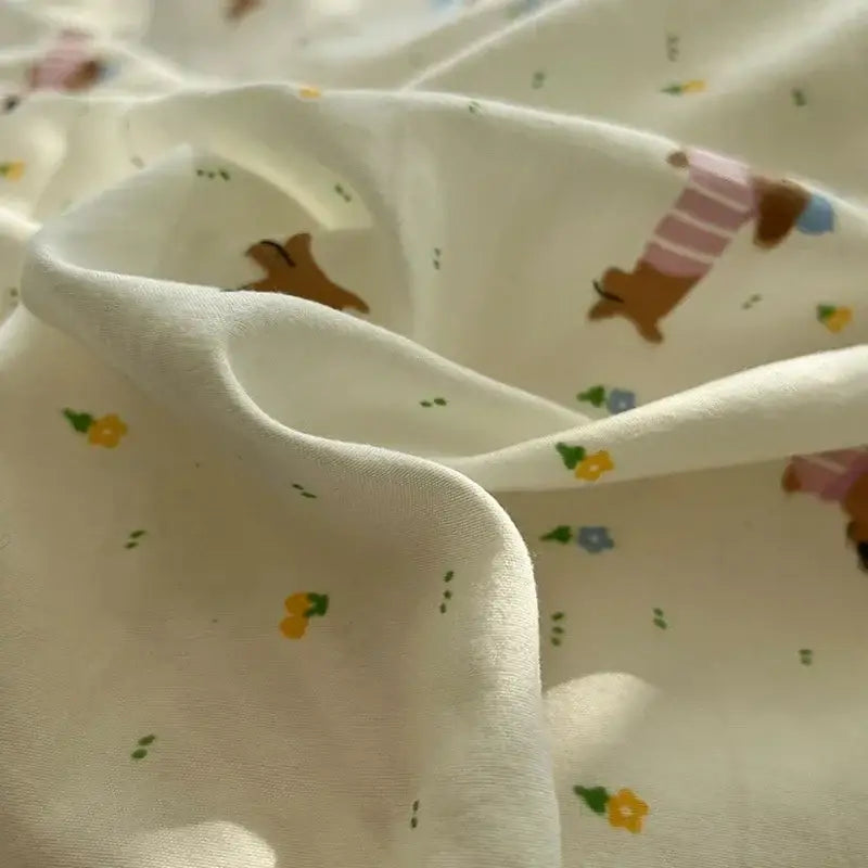 Soft cream-colored cute cartoon washed cotton bedding set with dachshund pattern and tiny colorful flowers