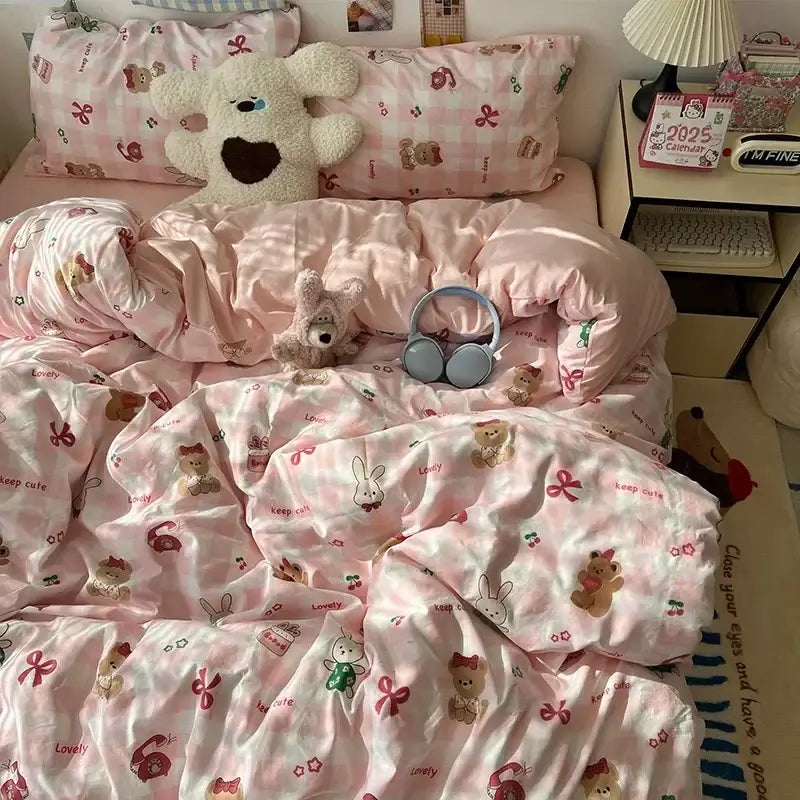 Pink teddy bear-themed cute cartoon washed cotton bedding set with plush fabric and lovely pastel pattern for bedroom use