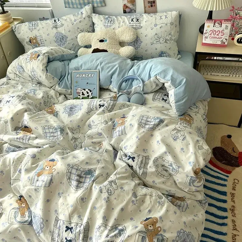 Soft cream-colored cute cartoon washed cotton bedding set featuring teddy bears rabbits and plaid in blue and gray tones