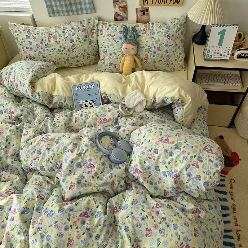 Pastel green floral bedding set with cute cartoon washed cotton featuring whimsical mushroom and flower patterns