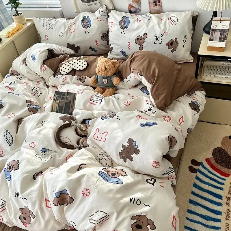 White duvet bedding set with cute cartoon washed cotton featuring dog and food illustrations in cream and blue colors