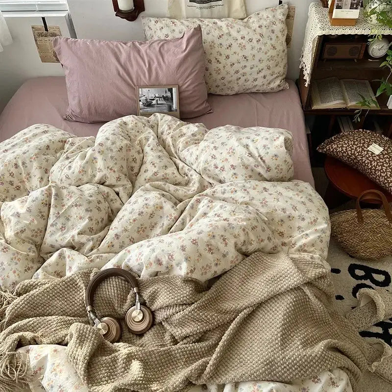 Floral-patterned cream-colored cute cartoon washed cotton bedding set with soft textured fabric for a blue bedroom