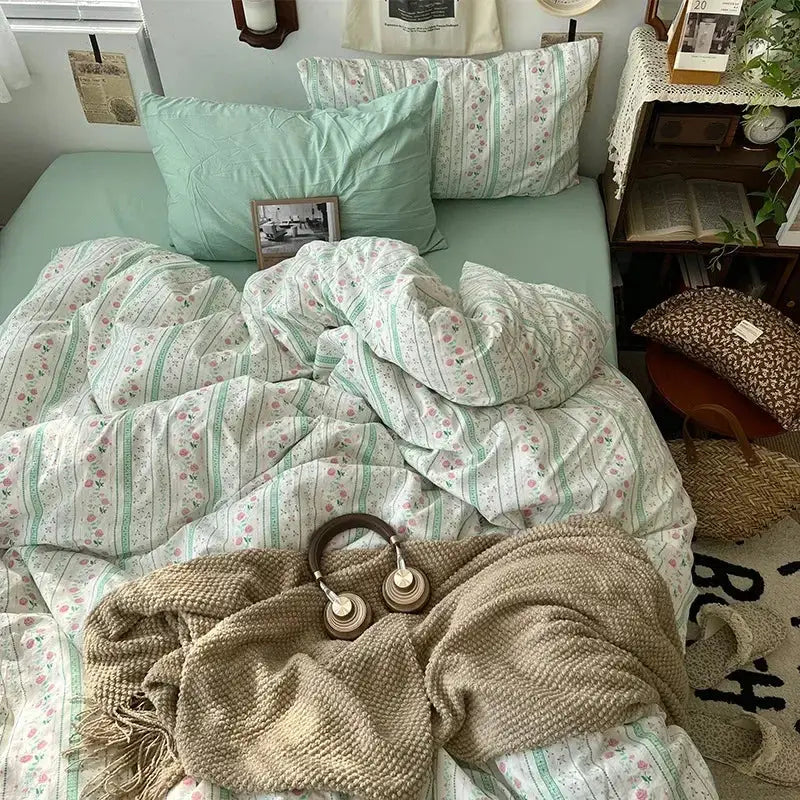 Mint green and white floral patterned cartoon washed cotton bedding set with vertical stripes for cream and blue bedroom sheets
