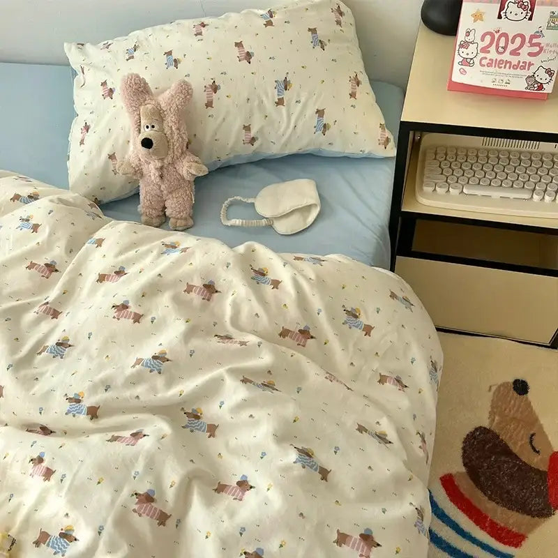 Cream-colored cute cartoon washed cotton bedding set with playful dachshund pattern for cream and blue bedrooms