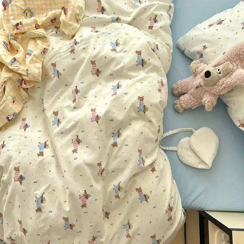 Cream-colored cute cartoon washed cotton bedding set with playful bear pattern for cream and blue bedrooms