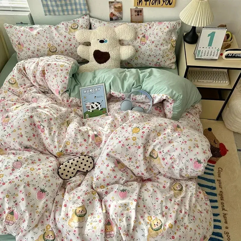 Floral-patterned white cute cartoon washed cotton bedding set with pastel accents for cream and blue bedrooms