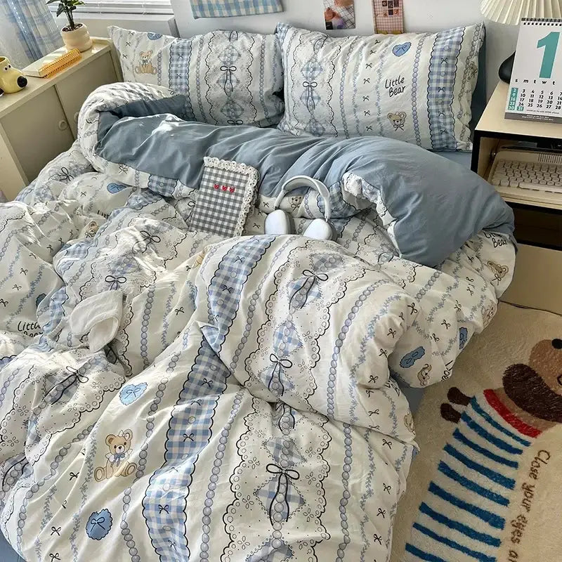 Blue and white cartoon washed cotton bedding set with embroidered teddy bear motifs and lace trim for bedroom sheets