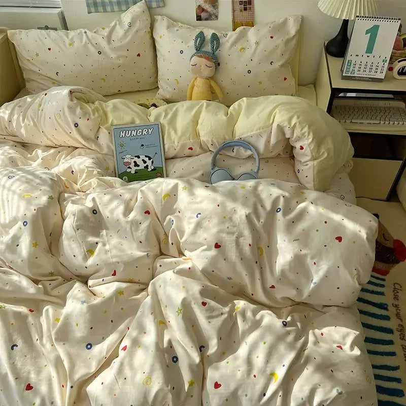 Cream-colored duvet cover with playful red hearts yellow moons and dots in a cute cartoon washed cotton bedding set