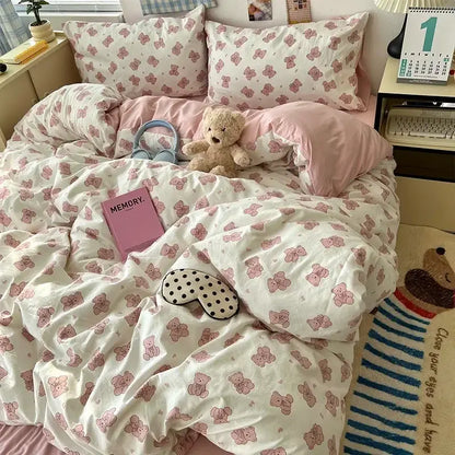 Pink teddy bear plush toy with soft fur on cream and blue cute cartoon washed cotton bedding set