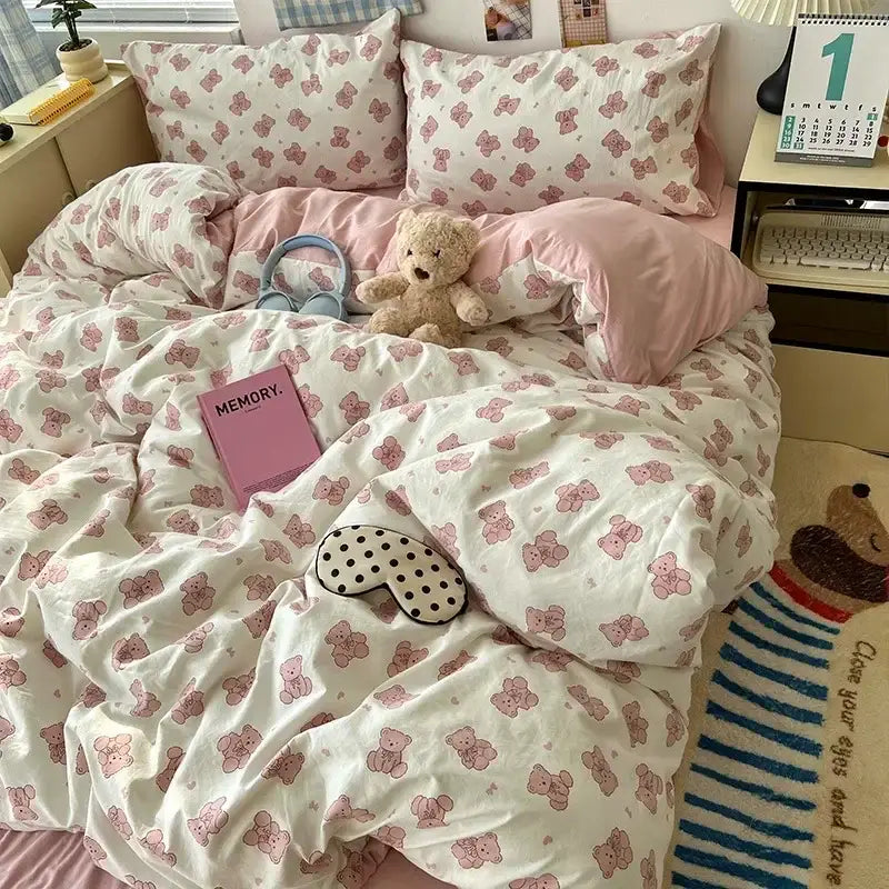 Pink teddy bear plush toy with soft fur on cream and blue cute cartoon washed cotton bedding set