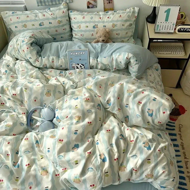 Cozy light blue and white cute cartoon washed cotton bedding set with playful characters and cherries design