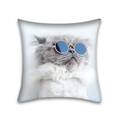 Square throw pillow case featuring a fluffy gray cute cat anime wearing round blue sunglasses for bedroom and living room