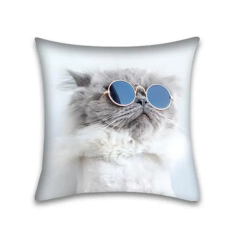 Square throw pillow case featuring a fluffy gray cute cat anime wearing round blue sunglasses for bedroom and living room