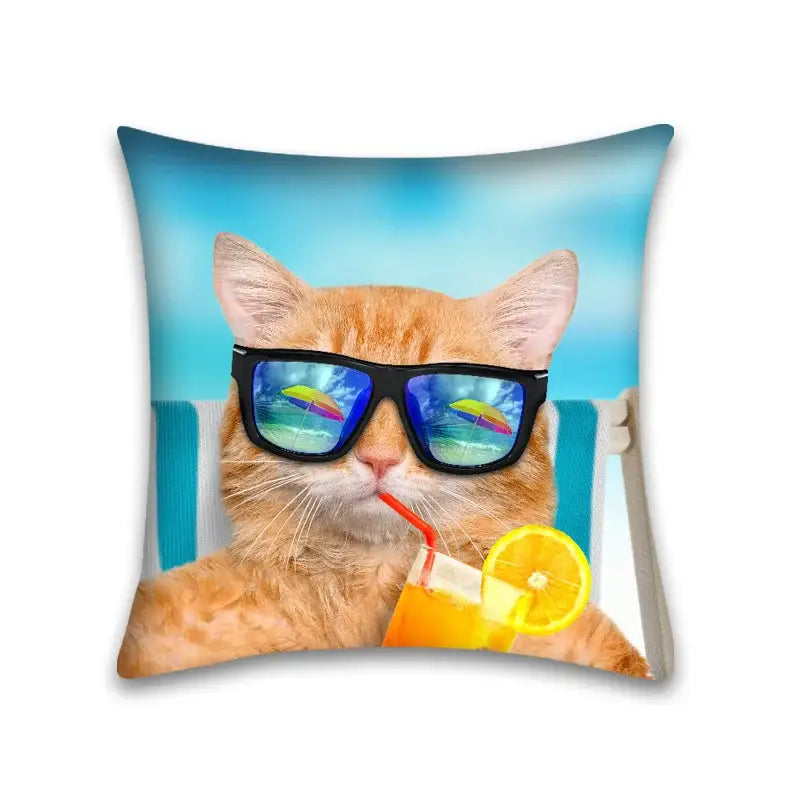 Square throw pillow case featuring a cute cat anime orange tabby wearing sunglasses and sipping lemonade for bedroom use