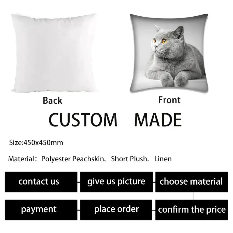 Custom-made square pillow case with black-and-white gray british shorthair cat anime print on polyester peacheskin