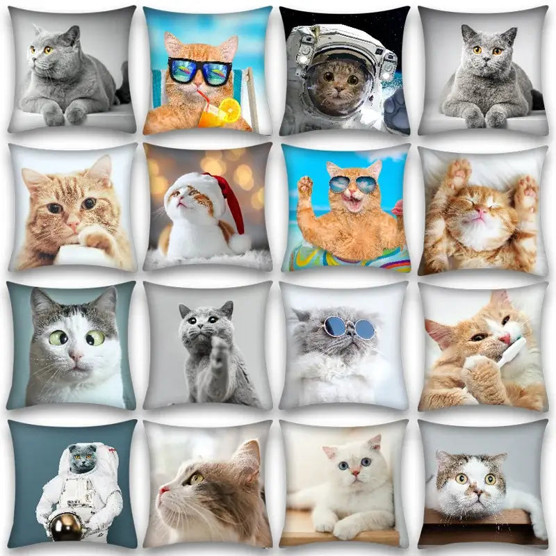 A collection of plush square cute cat anime pillow cases featuring vibrant colors for bedroom and living room use