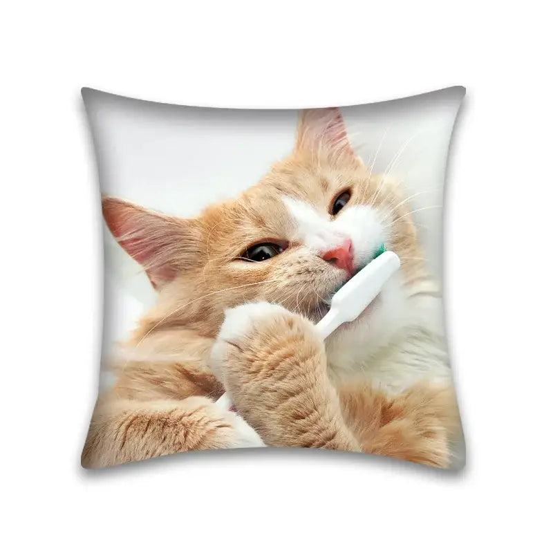 Cute cat anime pillow case featuring an orange and white fluffy cat playfully holding a toothbrush for bedroom use