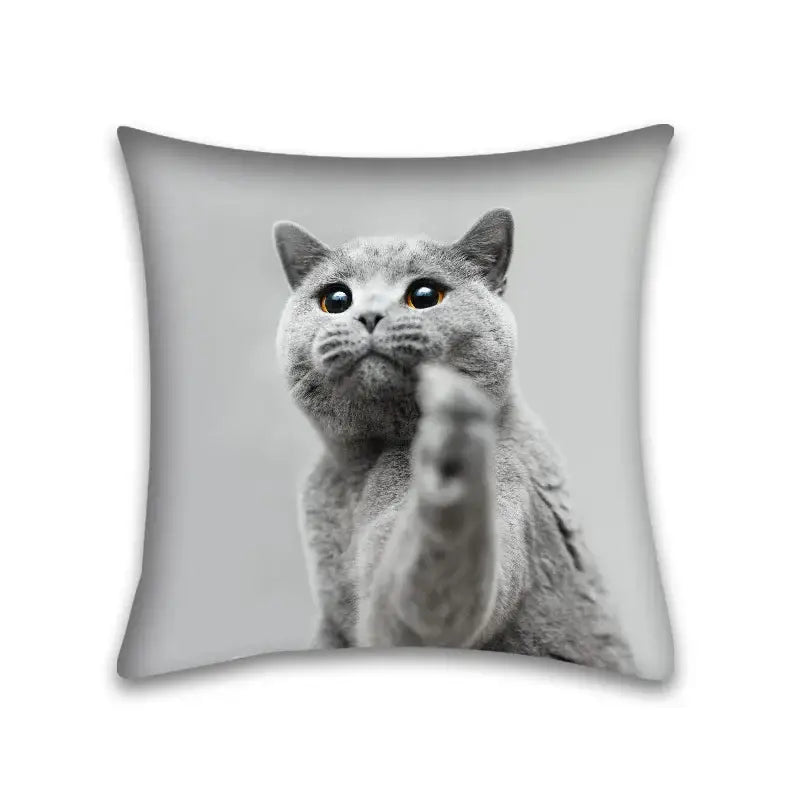 Gray british shorthair cat anime pillow case with raised paw and yellow eyes for bedroom and living room cushion