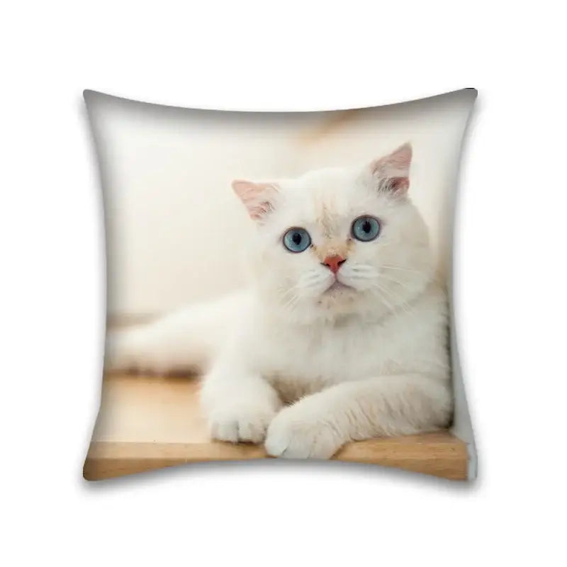 White throw pillow case featuring a cute cat anime design of a fluffy white cat with blue eyes for bedroom use