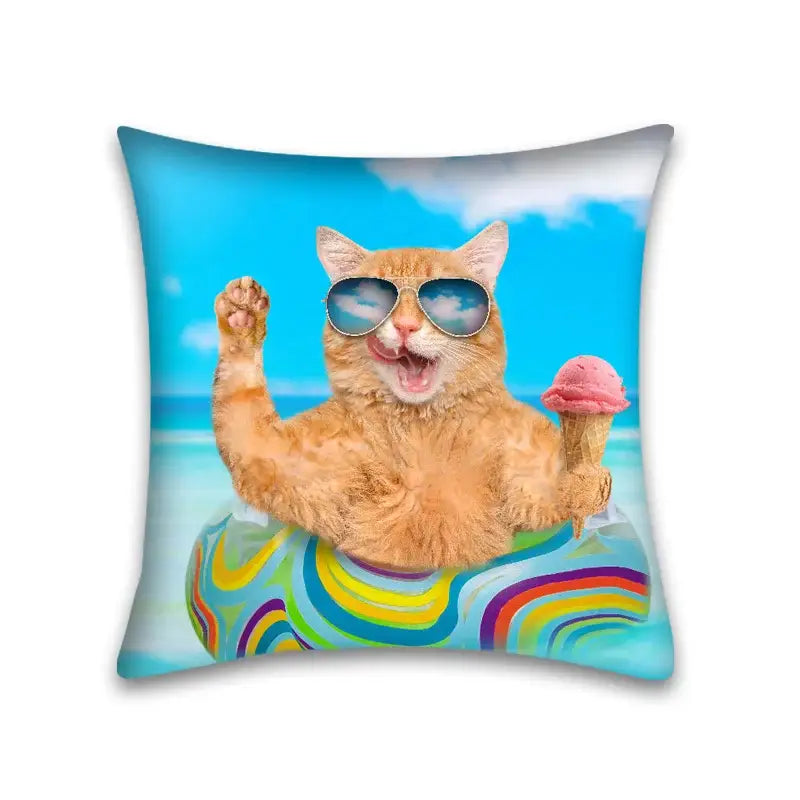 Square cushion pillow case featuring a vibrant orange cute cat anime wearing reflective sunglasses with rainbow swirls