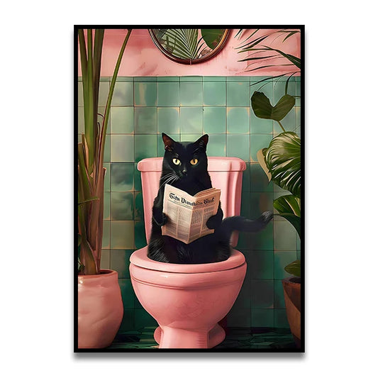 Cute Cat Bathroom Canvas Wall Art - SW10081 / (A4)21X30cm Unframed - Posters