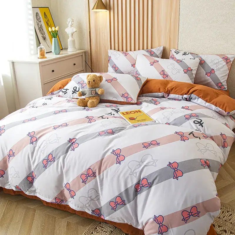Cotton duvet bedding set with diagonal white blush pink gray stripes and coral light gray bow pattern for cute cat bear decor
