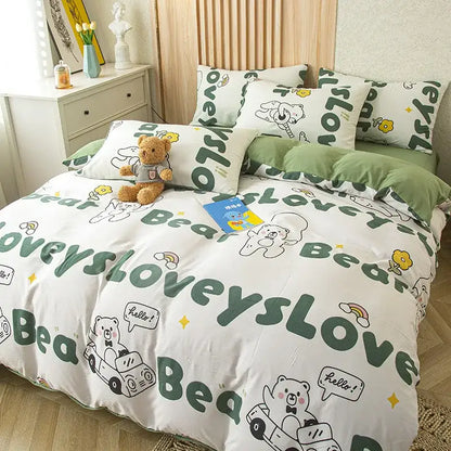 White cotton duvet cover with green bear text and cartoon bear illustrations in cute cat bear print bedding set