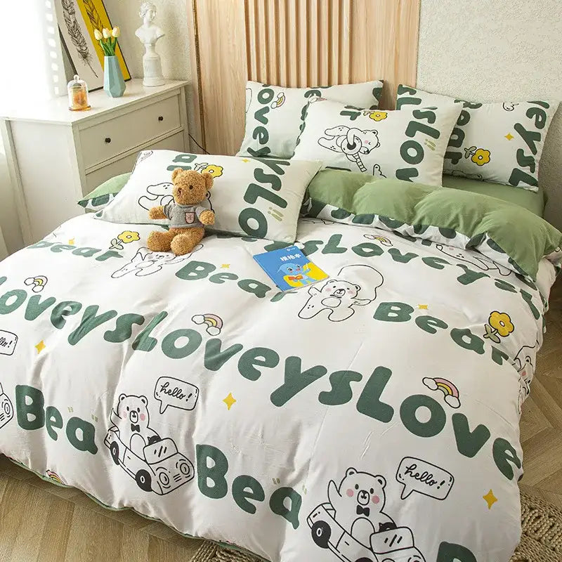 White cotton duvet cover with green bear text and cartoon bear illustrations in cute cat bear print bedding set