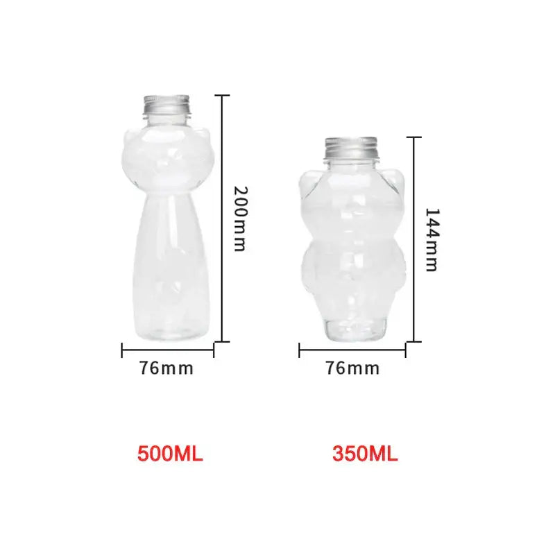 Clear plastic cute cat beverage bottles shaped like bears with silver caps in 500ml and 350ml sizes for coffee and juice
