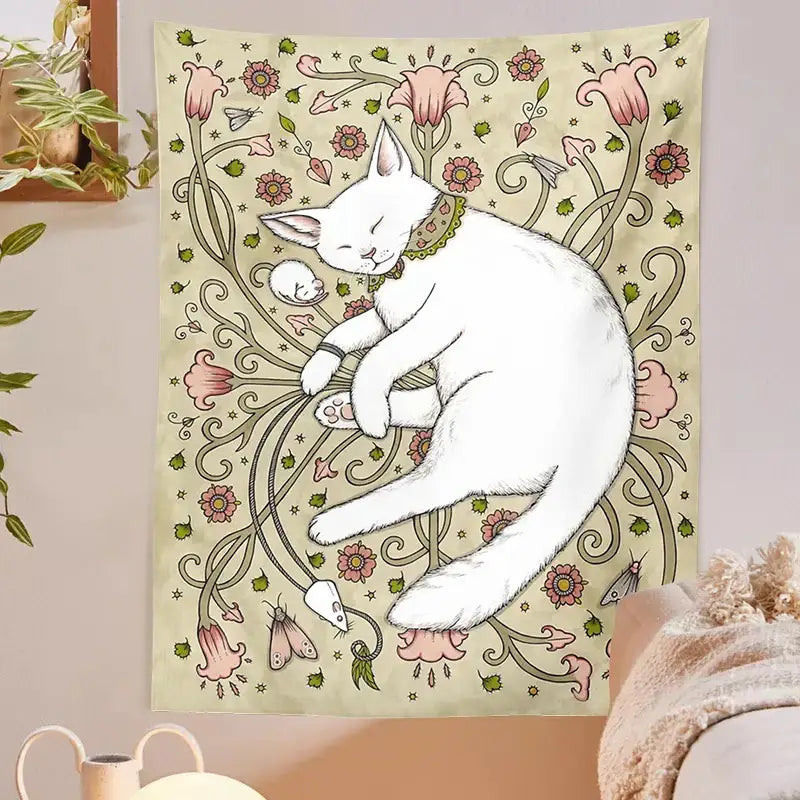 A soft cream tapestry with a cute cat botanical design featuring a white cat and pink botanical flower vines for wall art