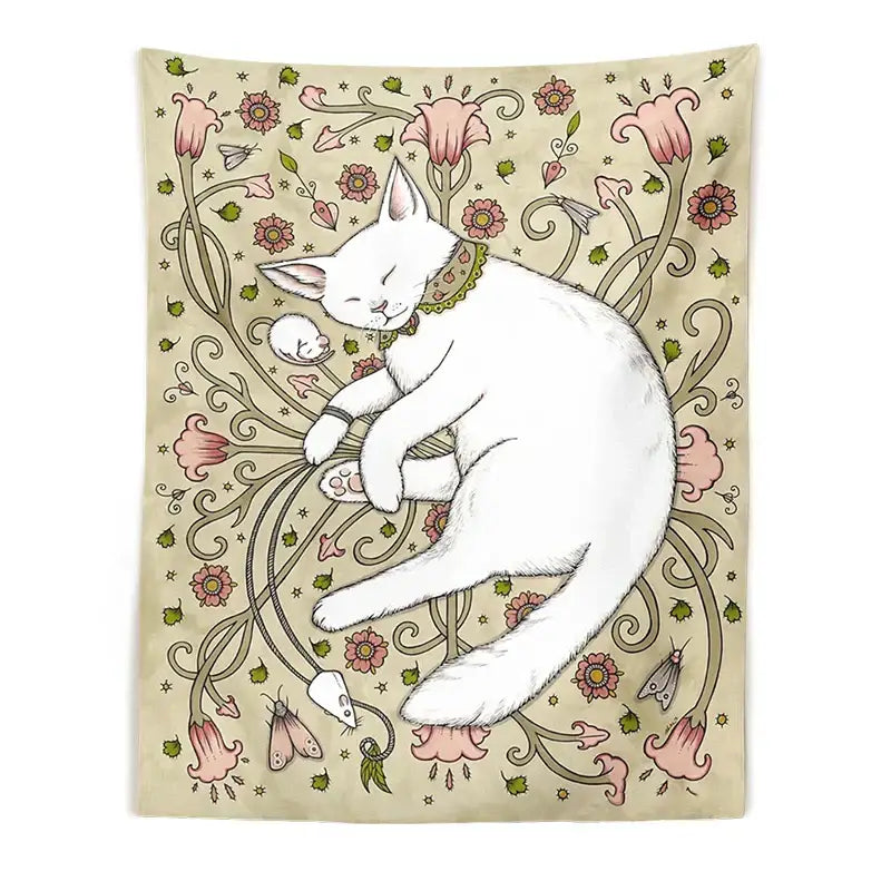 A soft beige tapestry featuring a cute cat botanical design with white cat and pink botanical flower ins style for bedroom wall art