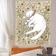 A soft cream tapestry featuring a cute cat botanical flower design with a white cat and floral vines wall art