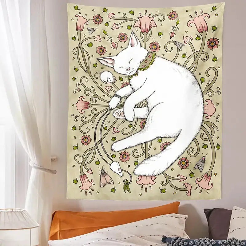 A soft cream tapestry featuring a cute cat botanical flower design with a white cat and floral vines wall art
