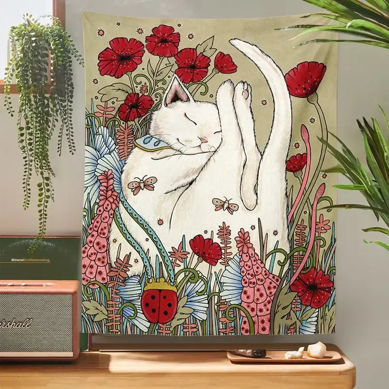 Cute cat botanical cream tapestry featuring a white cat with red poppies and pink foxgloves for bedroom wall art