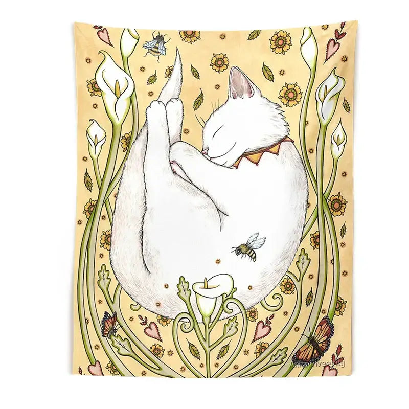 A cream tapestry wall art featuring a cute cat botanical flower design with a white cat and delicate vines and butterflies