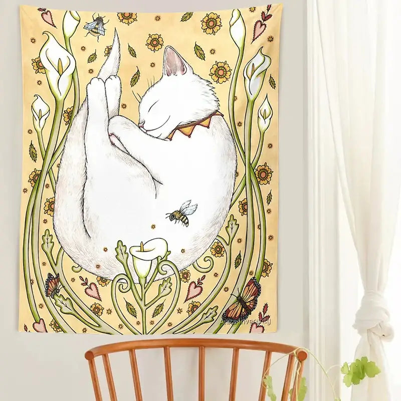 A cream-colored soft tapestry featuring a cute cat botanical design with a white cat and floral garden for bedroom wall art
