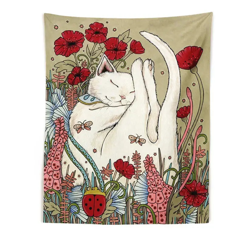 A soft beige cream tapestry featuring a cute cat botanical white cat with red poppies and butterflies for bedroom wall art