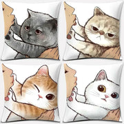Set of four cute cat kiss cartoon pillowcases featuring fluffy gray, beige, orange, and white cats for bedroom decor