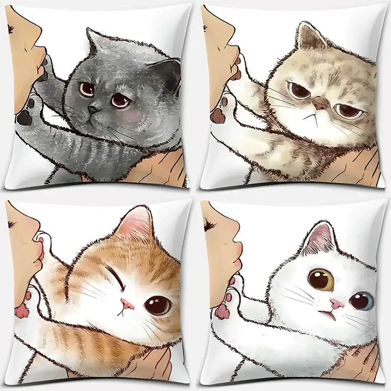 Set of four cute cat kiss cartoon pillowcases featuring fluffy gray, beige, orange, and white cats for bedroom decor