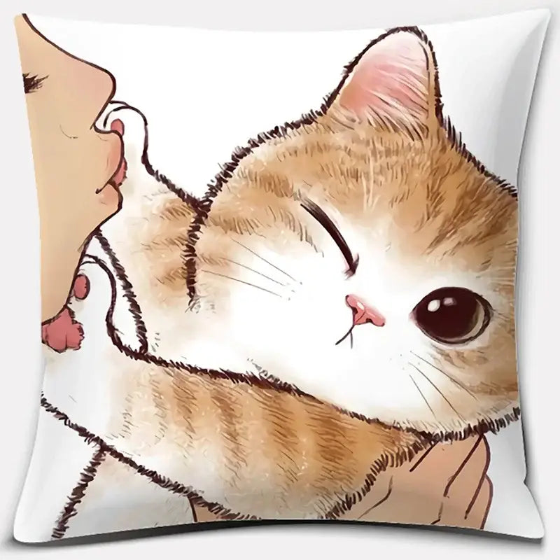 A soft white cushion featuring a cute cat kiss cartoon of an orange tabby cat kissed on the nose for bedroom decor