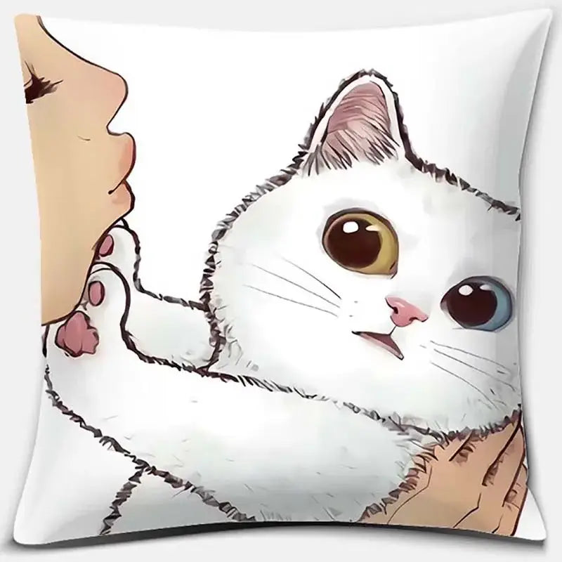White cushion with a cute cat kiss cartoon featuring a white cat with heterochromatic eyes gently held by hands for bedroom decor