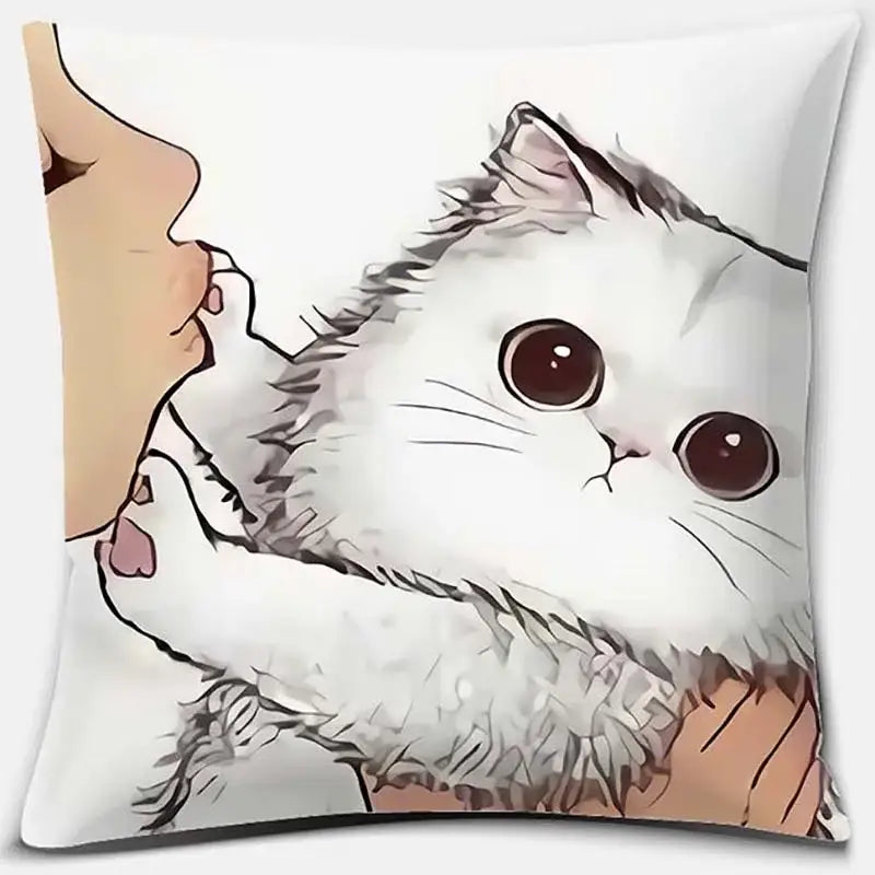 White cushion featuring a cute cat kiss cartoon of a fluffy white cat with large brown eyes being gently held