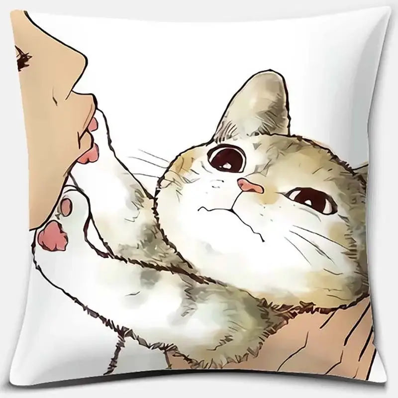 White throw pillow featuring a cute cat kiss love watercolor illustration of cream and white cat holding human hands