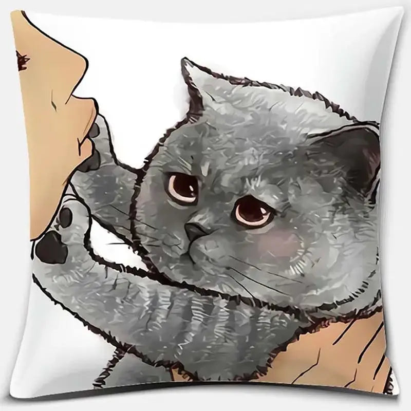 White throw pillow with a cute cat kiss cartoon illustration of a gray british shorthair cat on a bedroom decor pillowcase set