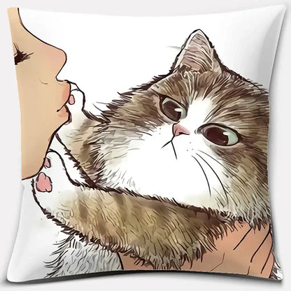 White throw pillow featuring a cute cat kiss love cartoon of a fluffy brown and white cat held gently for bedroom decor