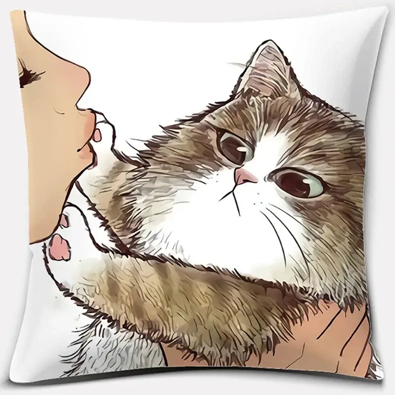 White throw pillow featuring a cute cat kiss love cartoon of a fluffy brown and white cat held gently for bedroom decor