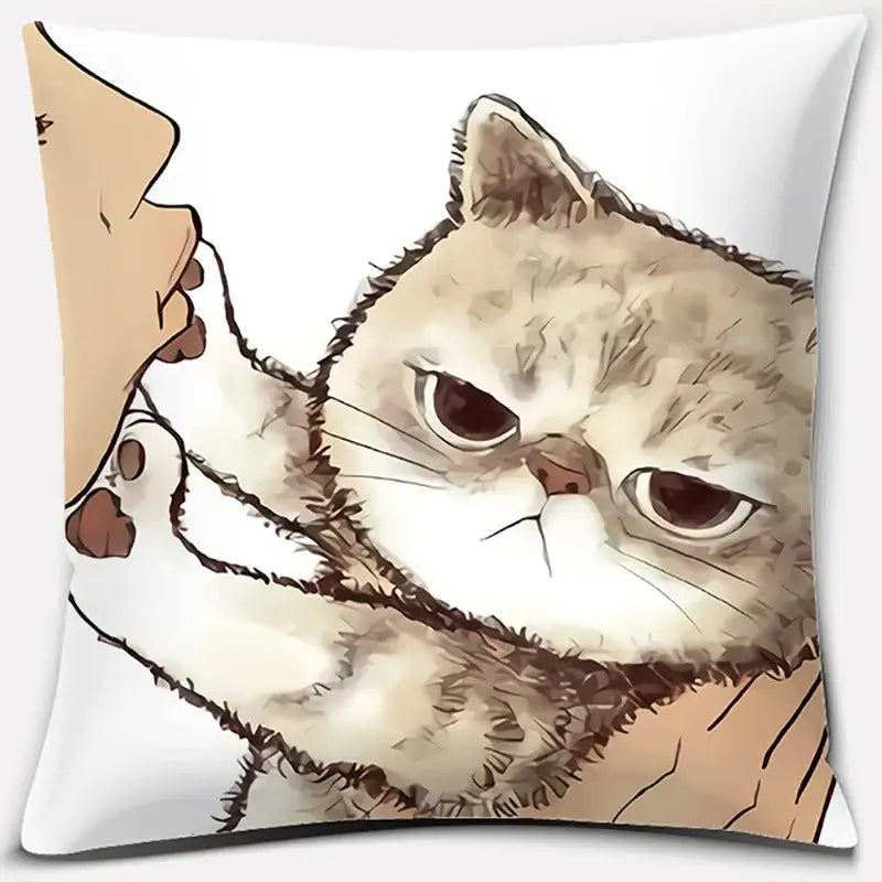 White throw pillow featuring a cute cat kiss illustration of an angry fluffy cat with cream fur for cat kiss love decor